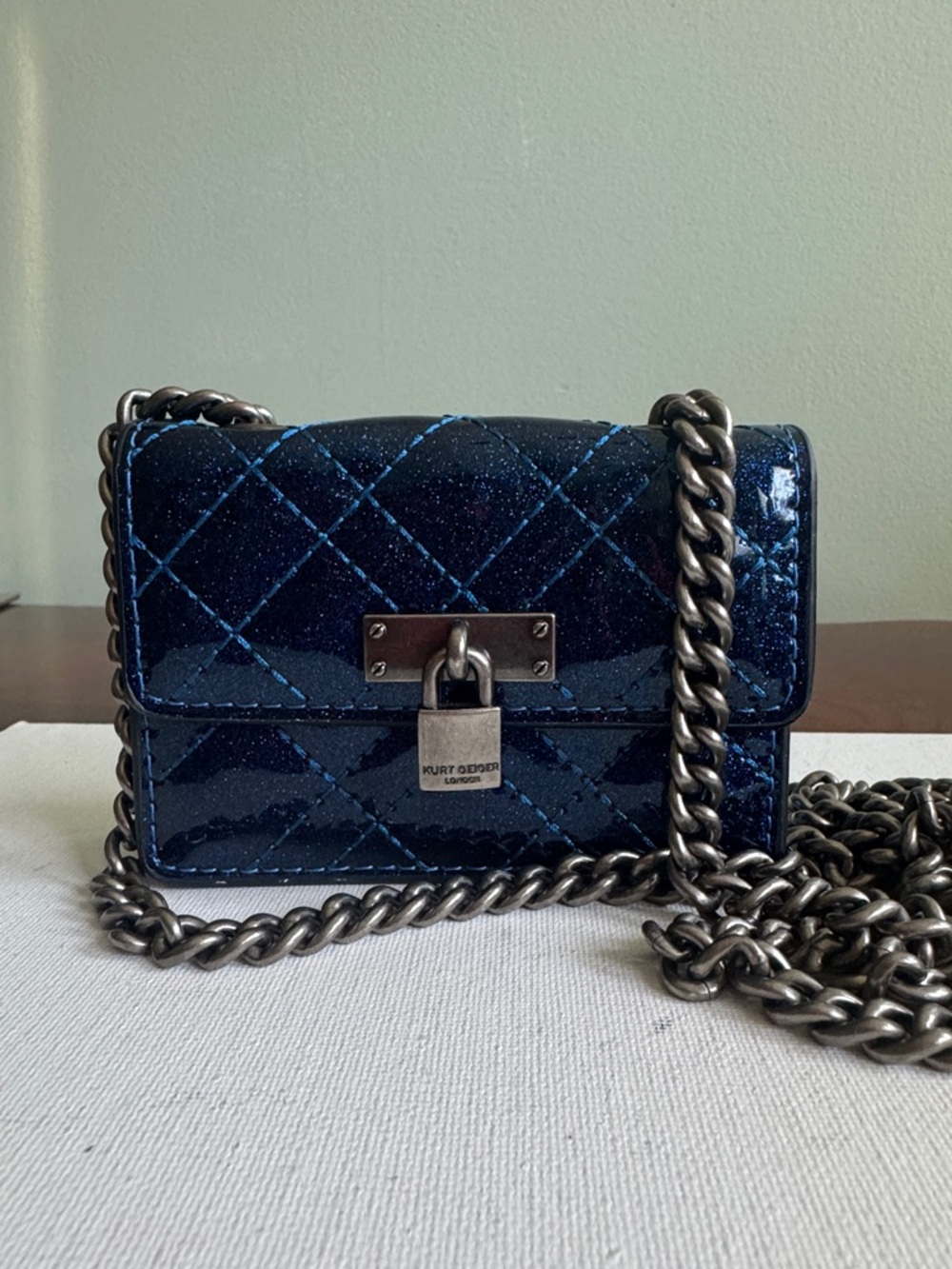 Kurt Geiger Micro London Brixton Quilted Patent Crossbody Blue/ Gunmetal chain.